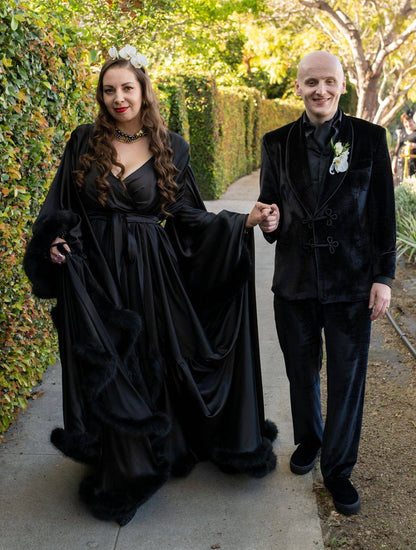 Silky Satin Feather Fringe Hem Long Robe (Victorian Style) - next day shipping selective colors