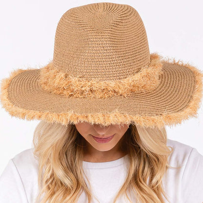 Frayed Band and Trip Straw Sun Hat