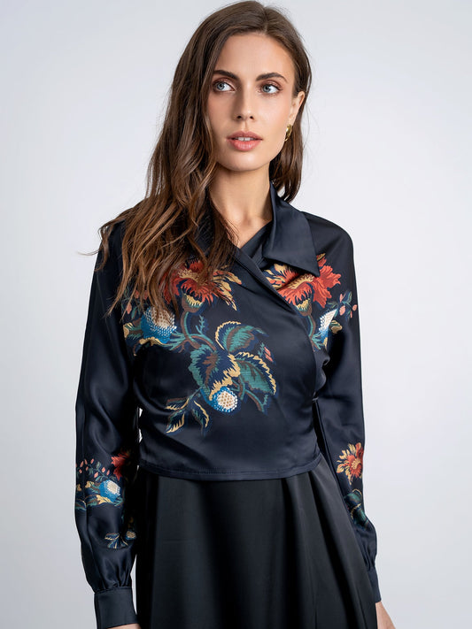 Satin Print Wrap Blouse