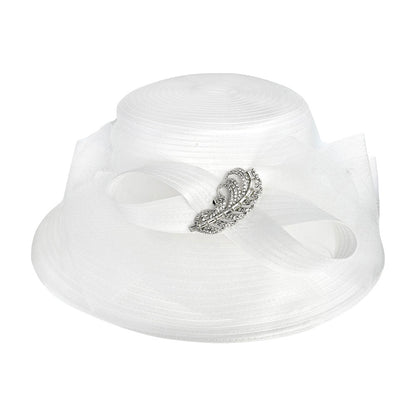 Rhinestone Embellished Feather Accented Mesh Bow Dressy Hat