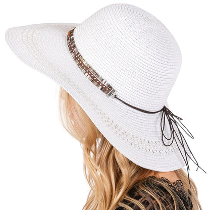 Wide Brim Straw Sun Hat with Evil Eye and Multi Design Band