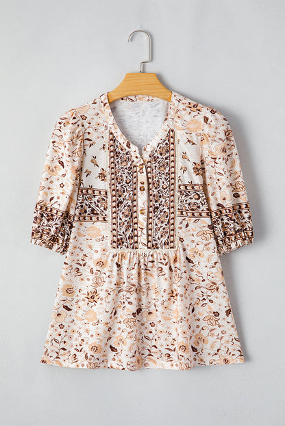 Khaki Boho Floral Print Half Placket Short Sleeve Loose Blouse