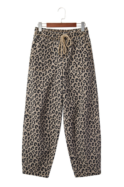 Khaki Leopard Print Drawstring Elastic Waist Loose Denim Pants with Pockets