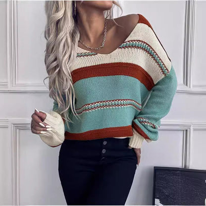 Women's French Vintage Striped Sweater | V-Neck Long Sleeve Stretch Knit