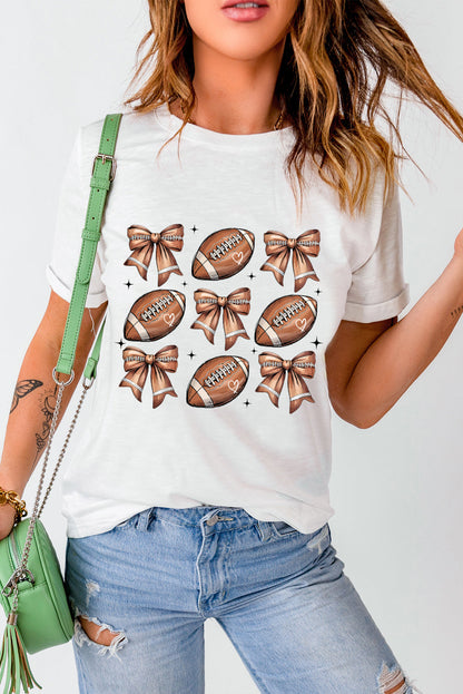 White Football Fashion Bow Print Cotton Blend T Shirt
