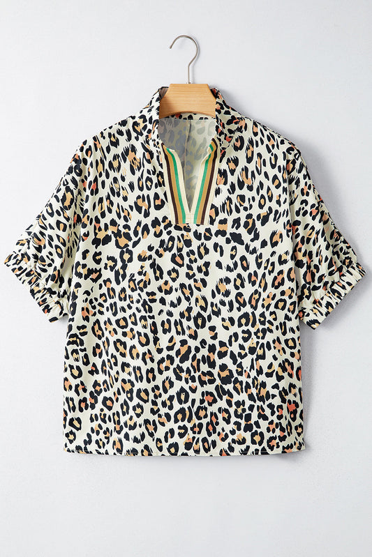 Leopard Colorblock Contrast V-Neck Short Sleeve Blouse