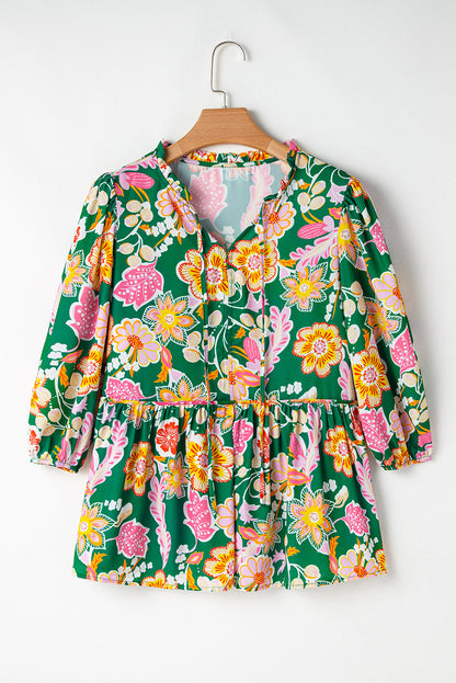 Floral Puff Sleeve V-Neck Peplum Blouse
