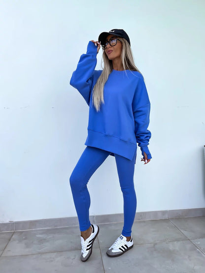 Women’s Casual Sweater Suit – Loose Split Top & Fitted Trousers Set