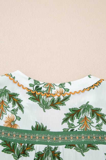 Green Plus Size Floral Printed Contrast Patchwork Detail Tassel Tie 3/4 Sleeve Blouse
