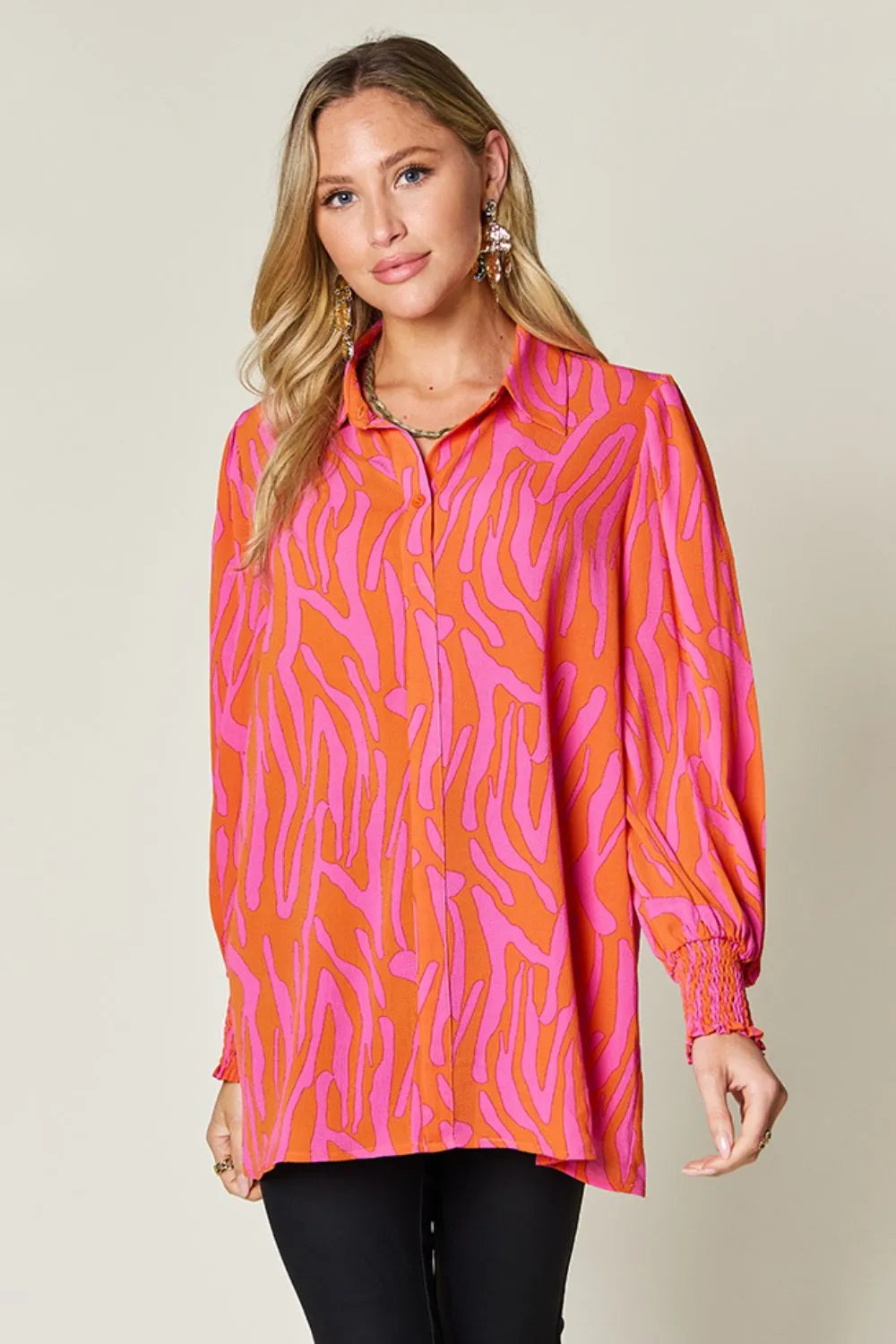 Double Take Full Size Printed Smocked Long Sleeve Blouse Plus Size