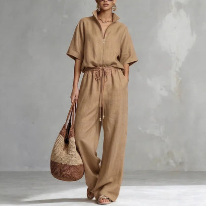 Women's Zip-Up Crew-Neck Top & Wide-Leg Pants Set
