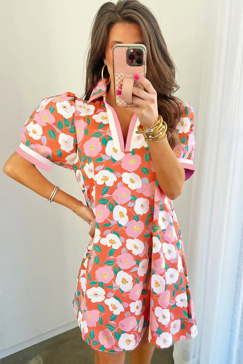 Fresh Salmon Floral Print Puff Sleeve Pop of Color Neckline Dress
