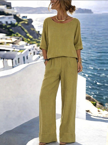 Women's Cotton Linen Resort Set – Short Sleeve Top & Wide-Leg Pants