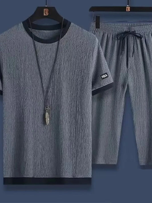 Men's Plus Size Round Neck Short Sleeve Top and Shorts Set