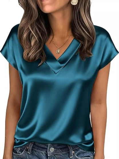 Satin V-Neck Short Sleeve Blouse