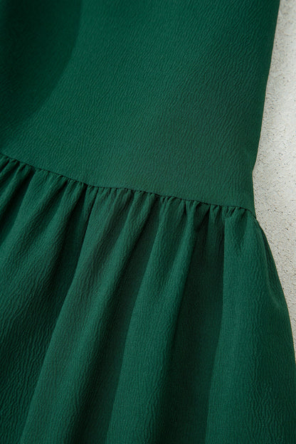 Blackish Green Solid Long Sleeve Button V Neck Tiered Maxi Dress