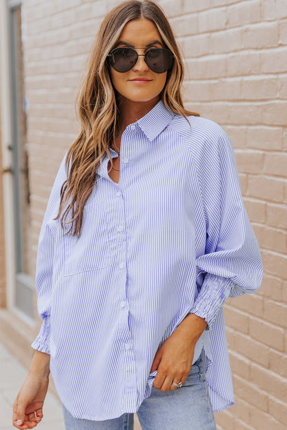Blue Stripe Striped Casual Shirred Cuffs Shirt