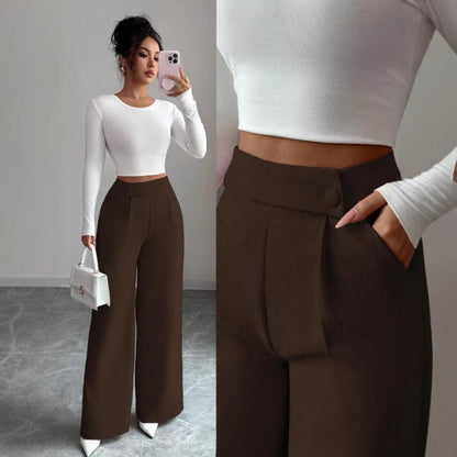 Women's High-Waist Straight-Leg Pants – Solid Color Button Detail Full Length