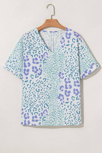 Green Leopard Print V Neck Short Sleeve Blouse