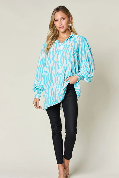 Double Take Full Size Printed Smocked Long Sleeve Blouse Plus Size