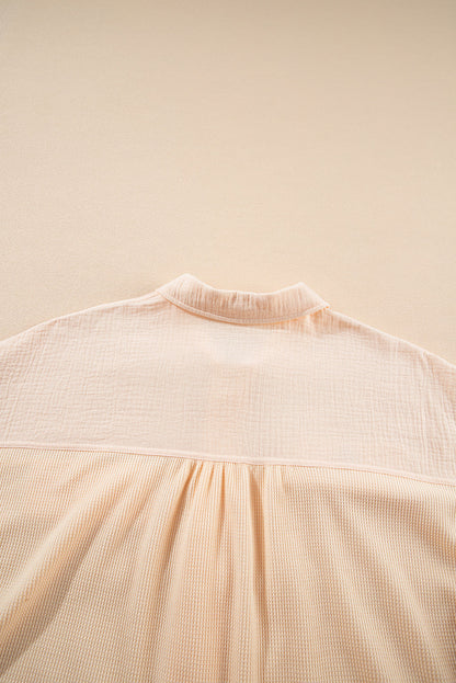 Beige Waffle Splicing Short Batwing Sleeve Flap Detail Shirt