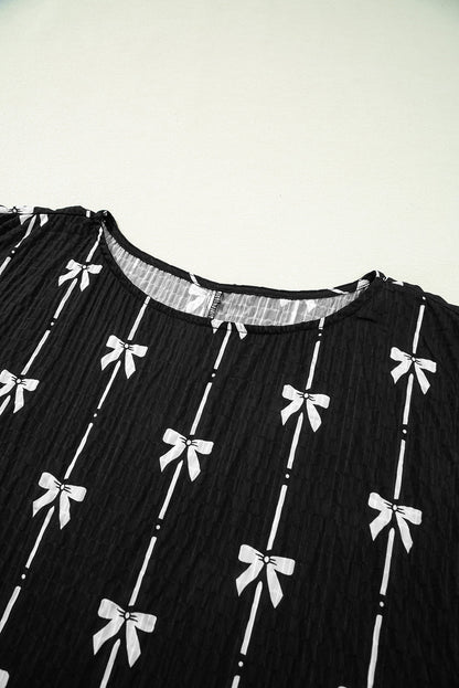 Bow Textured Short Puff Sleeve Top