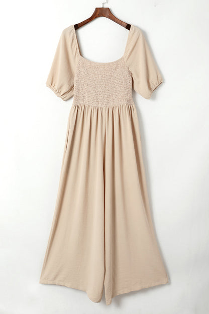 Apricot Short Bubble Sleeve Smocked Wide Leg Jumpsuit