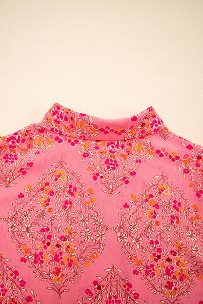Rose Red Floral Print Wide Short Sleeve Loose Shirt