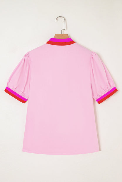 Contrast Stripe V-Neck Short Puff Sleeve Blouse