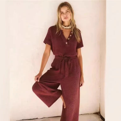 Women's Loose V-Neck Lace-Up Pocket Jumpsuit