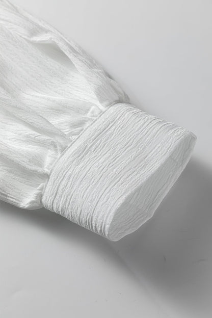 White Crinkled Texture Lantern Sleeve Button Down Loose Shirt