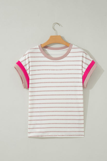 Khaki Stripe Color Block Trim Round Neck Short Sleeve Top
