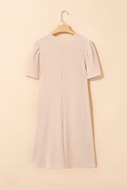 Parchment Corded Knit Crew Neck Puff Sleeve Shift Mini Dress