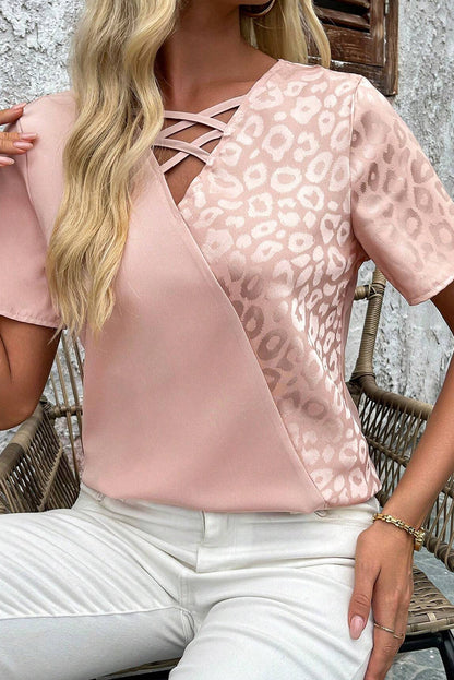 Apricot Pink Leopard Patchwork Cross Strappy V Neck Blouse