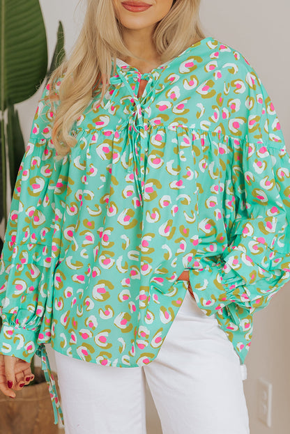 Green Abstract Printed Lace-up Lantern Sleeve Babydoll Blouse