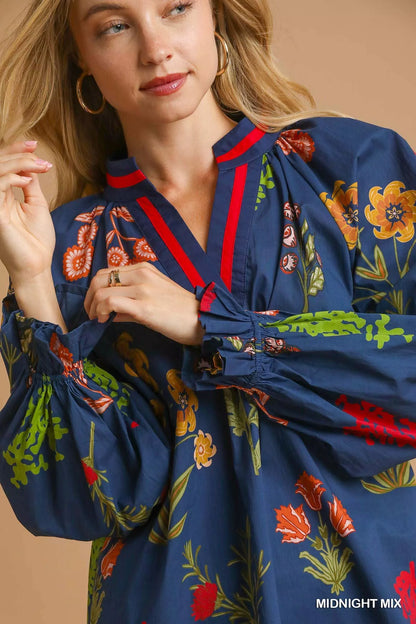 Umgee Floral Print Flounce Sleeve Blouse
