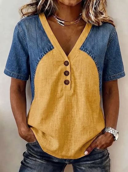 Women's Loose Denim Patchwork Color-Block T-Shirt