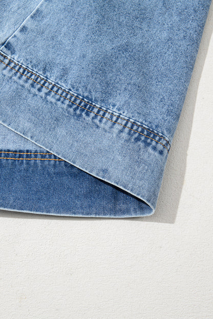Blue Short Sleeve Collared Chest Pocket Denim Mini Dress