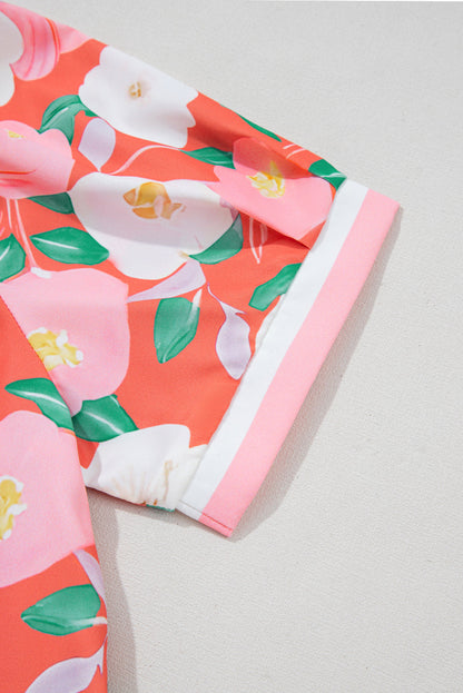 Fresh Salmon Floral Print Puff Sleeve Pop of Color Neckline Dress