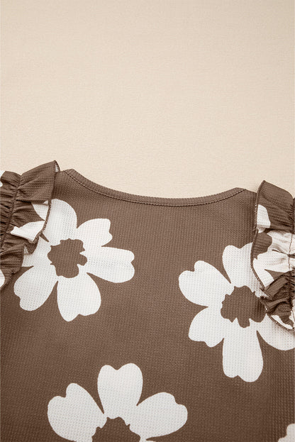 Brown Floral Textured Ruffled Short Sleeve Square Neck Blouse