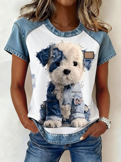 Women's Retro Denim Patchwork Short-Sleeve Shirt – Loose Fit