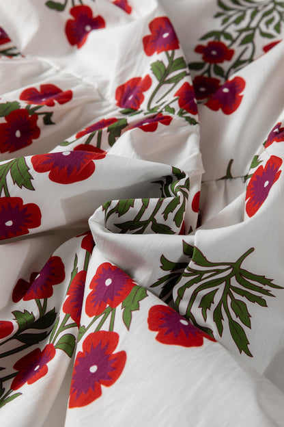 White Floral Print V Neck 3/4 Sleeve Loose Mini Dress