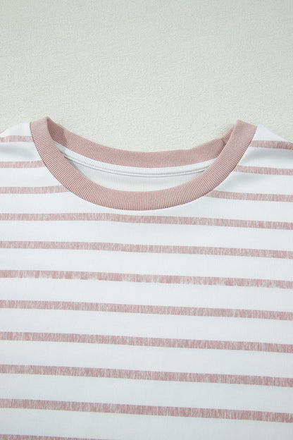 Khaki Stripe Color Block Trim Round Neck Short Sleeve Top