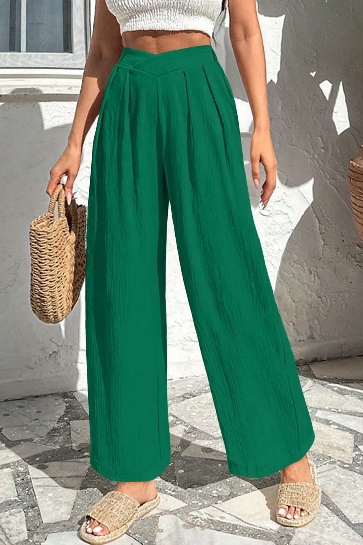 Solid Textured Crossed Waist Wide Leg Pants