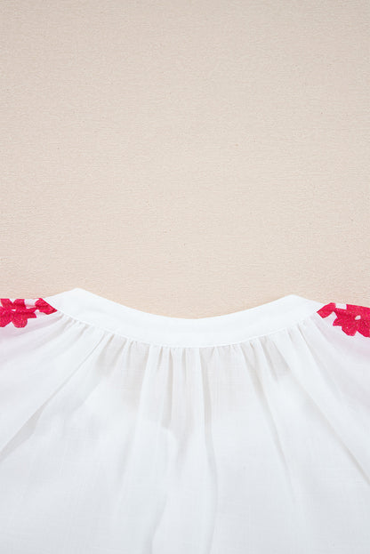 White Floral Embroidered Puff Long Sleeve Casual Shirt