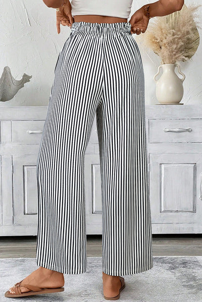 Black Striped Frill Knot Waist Decor Pants