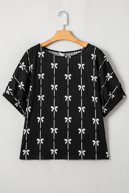 Bow Textured Short Puff Sleeve Top
