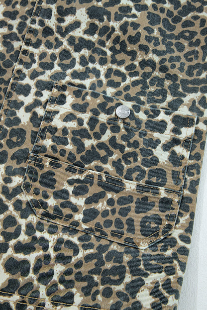 Gray Leopard Print Pocketed Loose Fit Denim Overall Dress