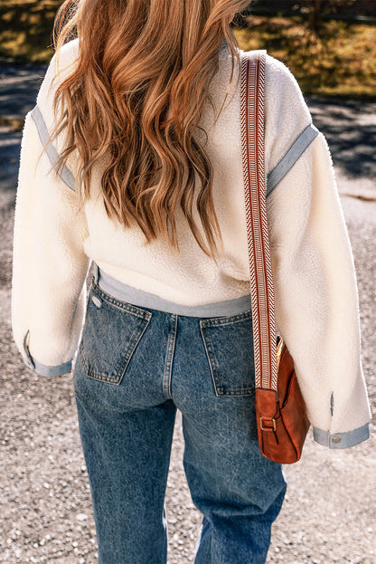 Solid Contrast Trim Buttoned Sherpa Jacket
