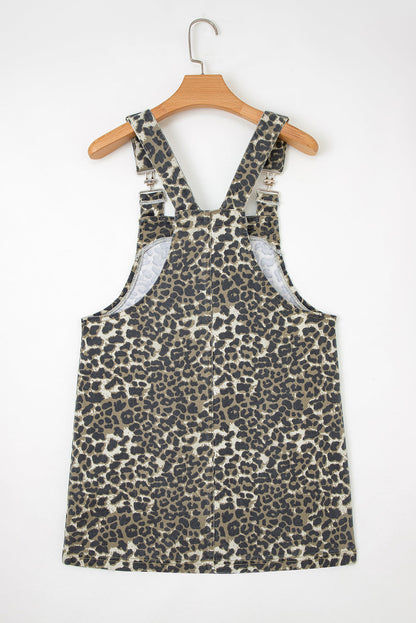 Gray Leopard Print Pocketed Loose Fit Denim Overall Dress